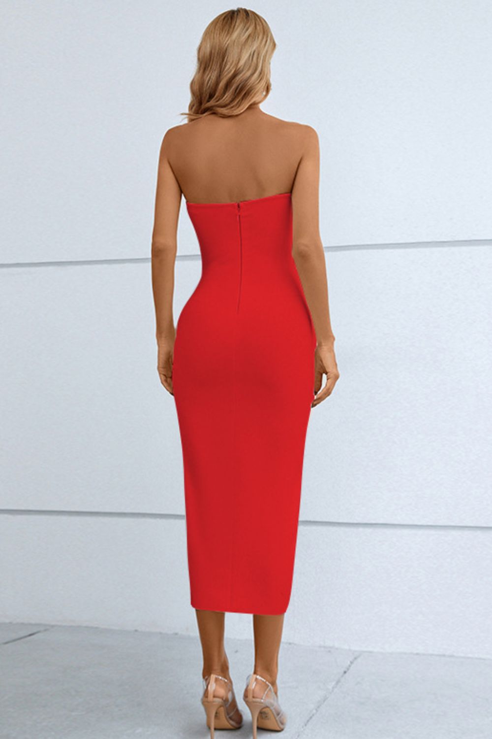 Cutout Strapless Drawstring Detail Split Bandage Dress - The Goddess Galleries