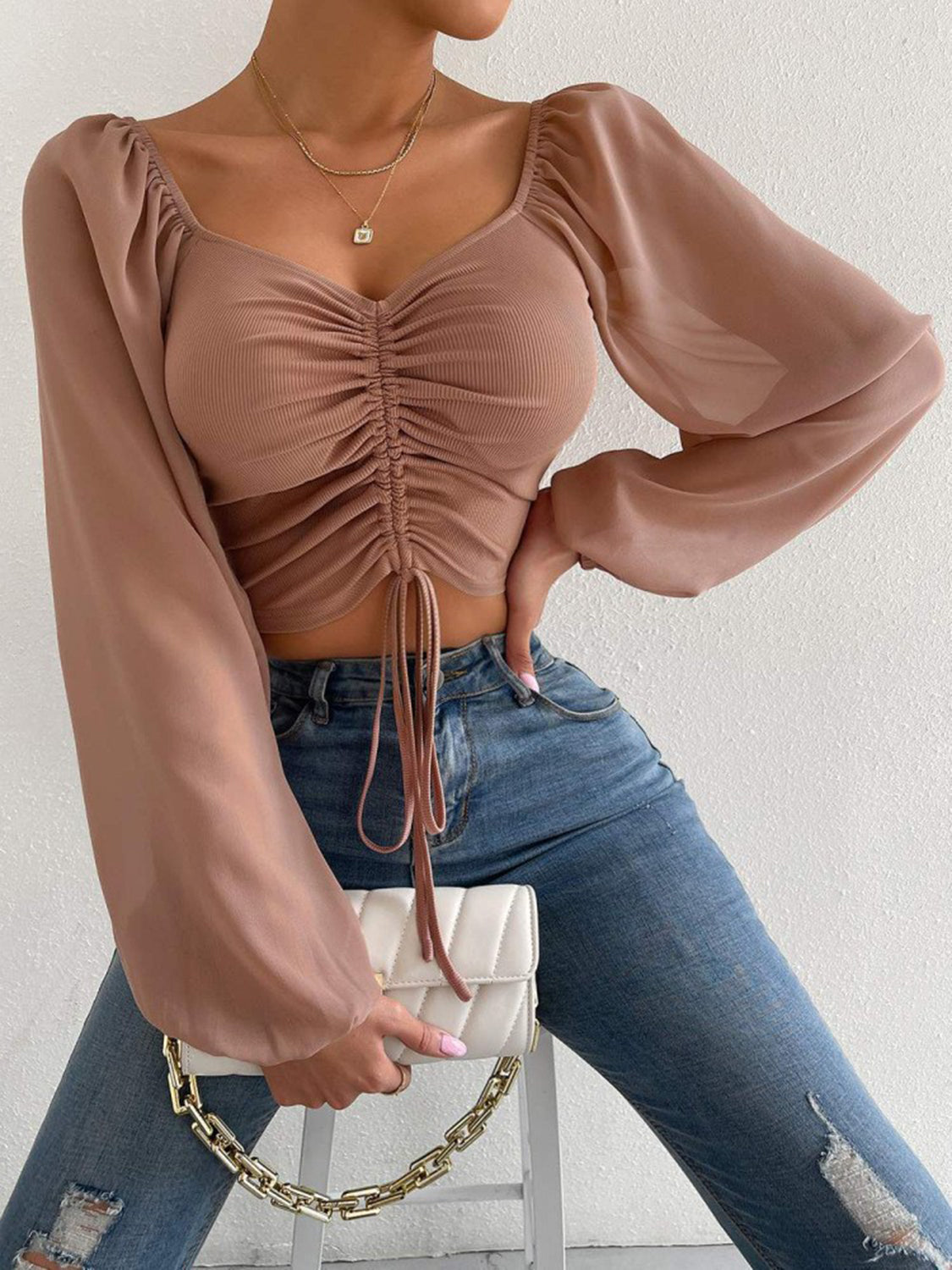 Drawstring Sweetheart Neck Cropped Top - The Goddess Galleries