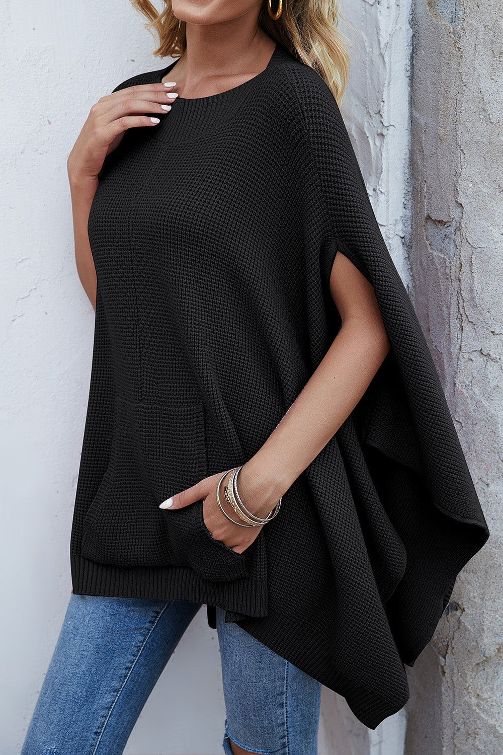 Waffle-Knit Pocketed Cape Sleeve Sweater - The Goddess Galleries