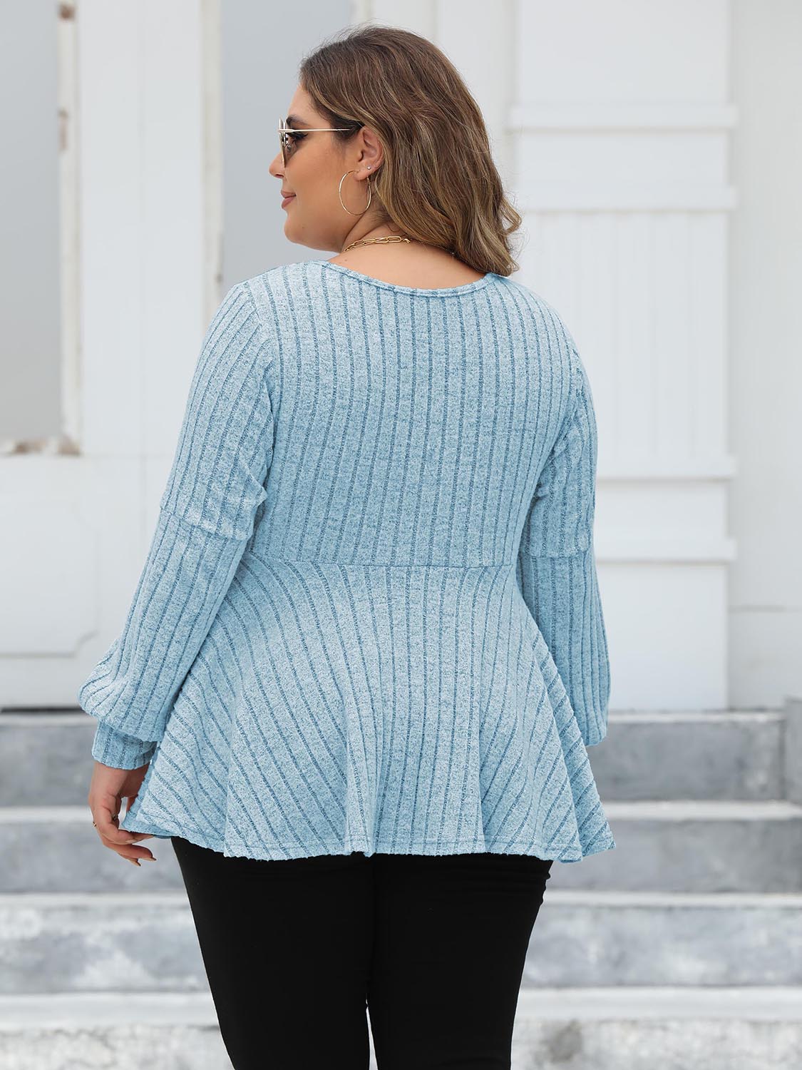 Plus Size Ribbed V-Neck Long Sleeve Blouse - The Goddess Galleries