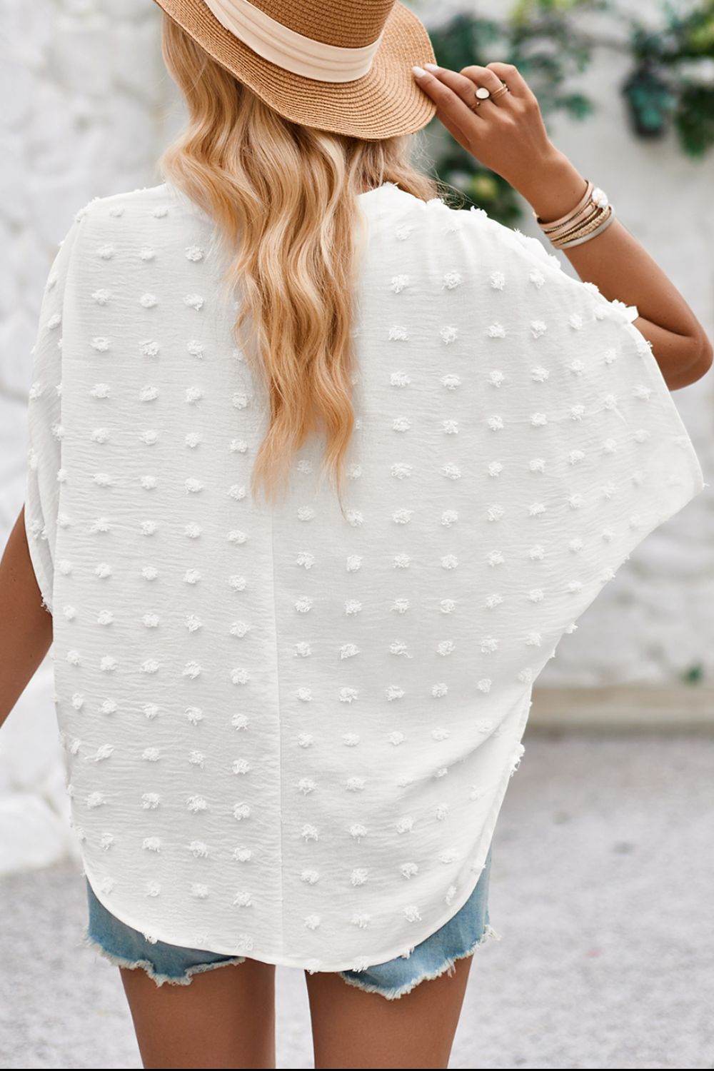 Swiss Dot Notched Half Sleeve Blouse - The Goddess Galleries