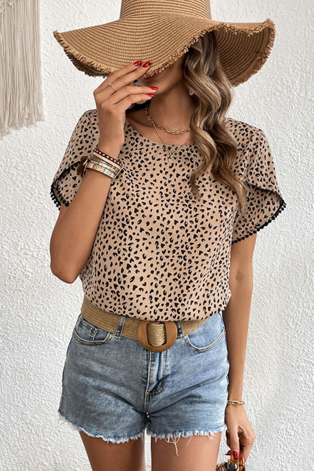 Perfee Printed Pom Pom Detail Petal Sleeve Round Neck Blouse - The Goddess Galleries
