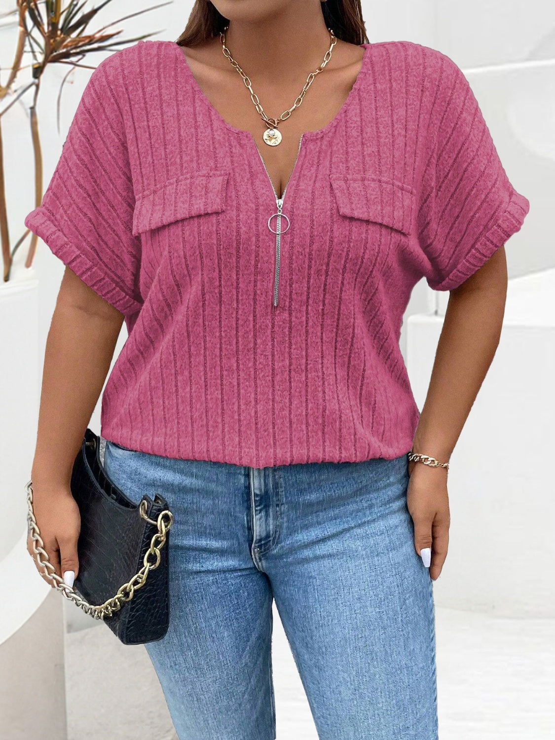 Plus Size Half Zip Short Sleeve T-Shirt - The Goddess Galleries