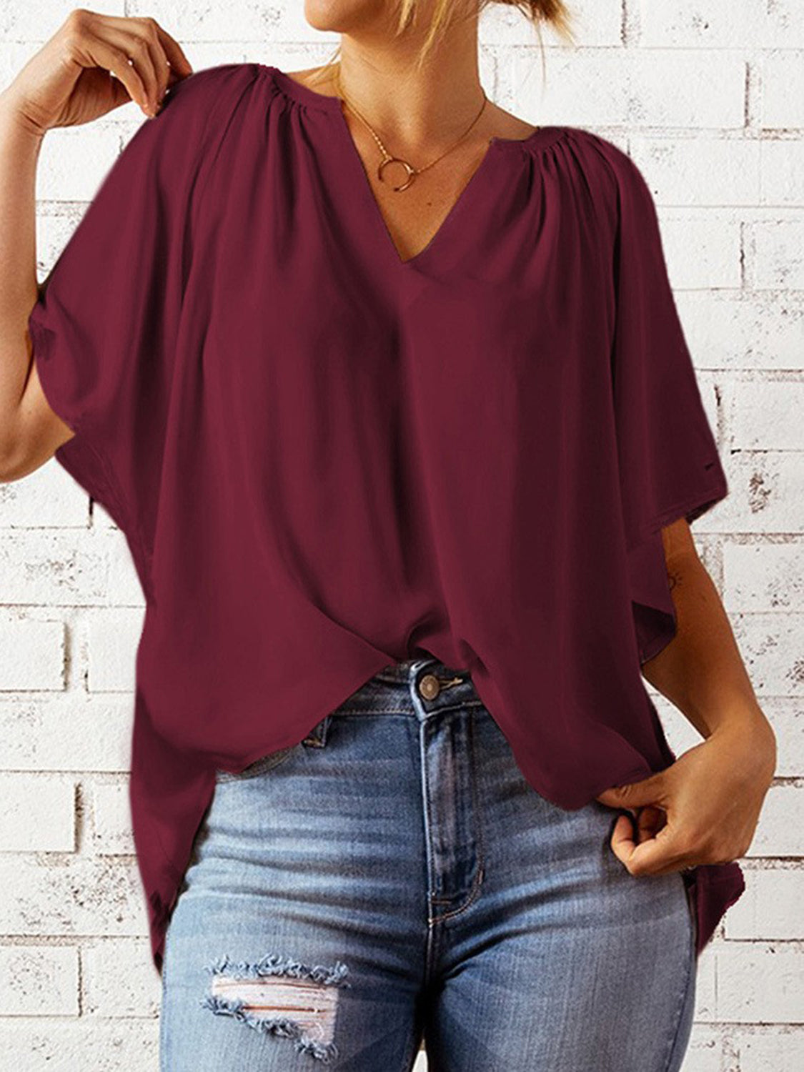 Ruched Notched Half Sleeve Blouse - The Goddess Galleries
