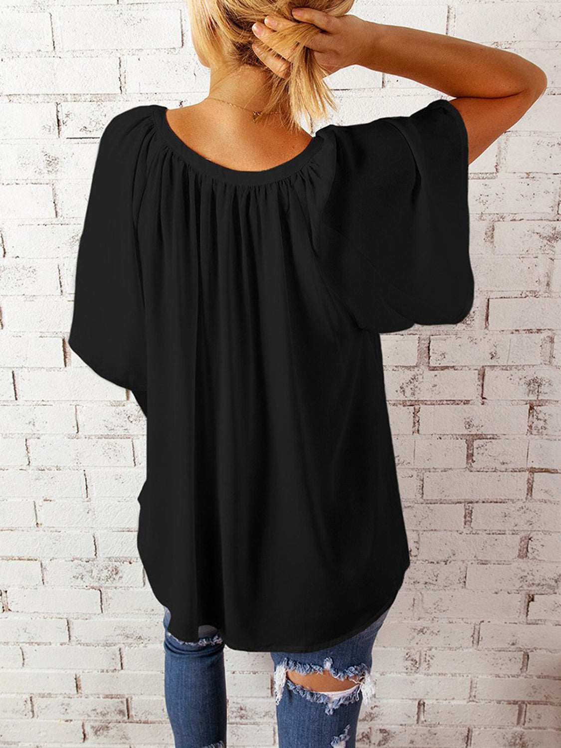Ruched Notched Half Sleeve Blouse - The Goddess Galleries