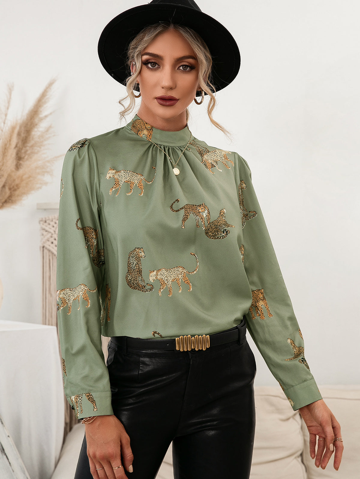 Ivy Lane Leopard Graphic Mock Neck Puff Sleeve Blouse - The Goddess Galleries