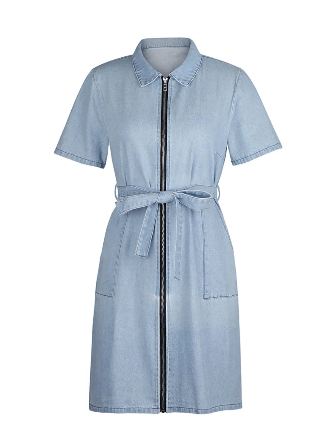 Full Size Zip Front Short Sleeve Denim Dress Plus Size - The Goddess Galleries