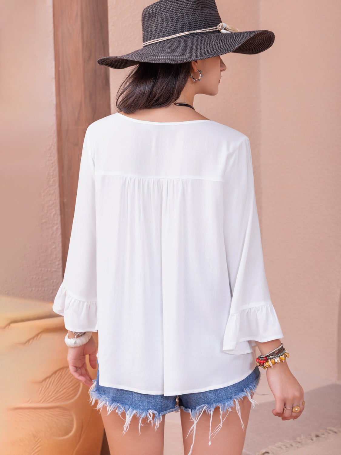 Cutout V-Neck Flounce Sleeve Blouse - The Goddess Galleries