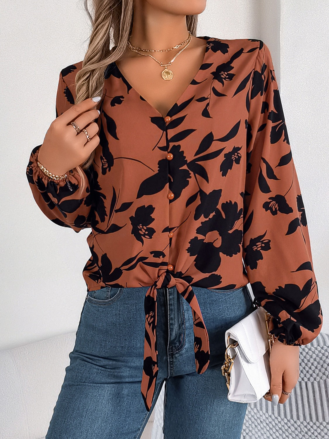 Printed V-Neck Long Sleeve Blouse - The Goddess Galleries