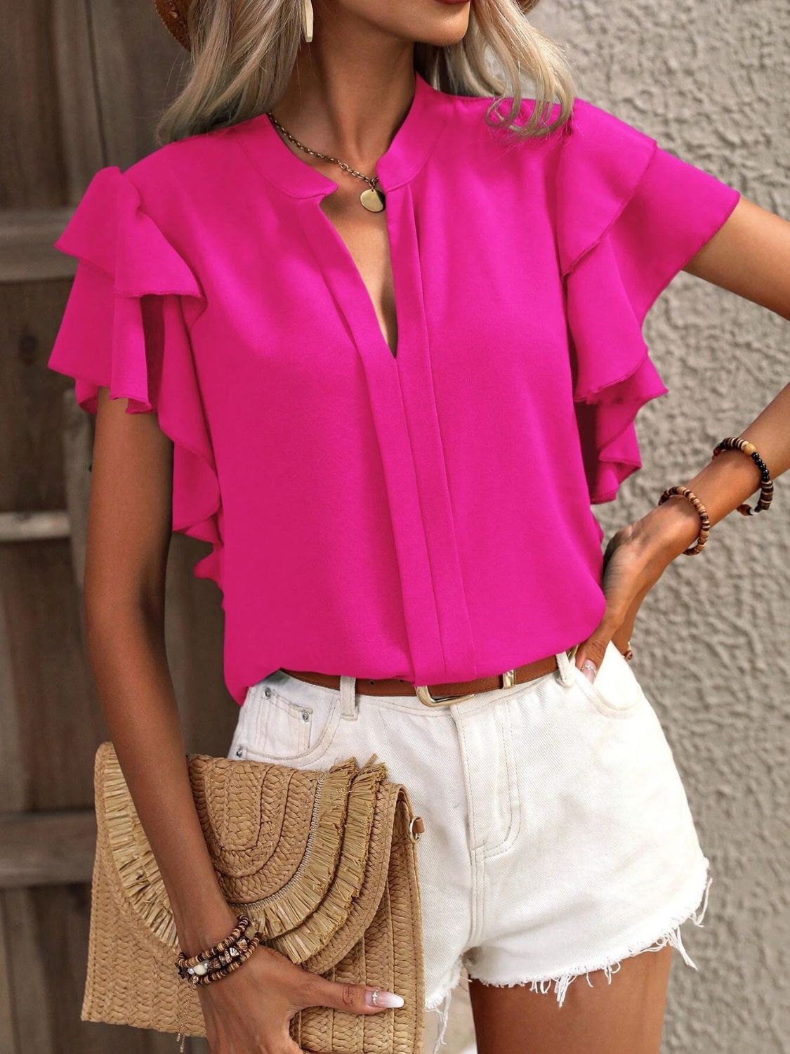 Ruffled Notched Short Sleeve Blouse - The Goddess Galleries