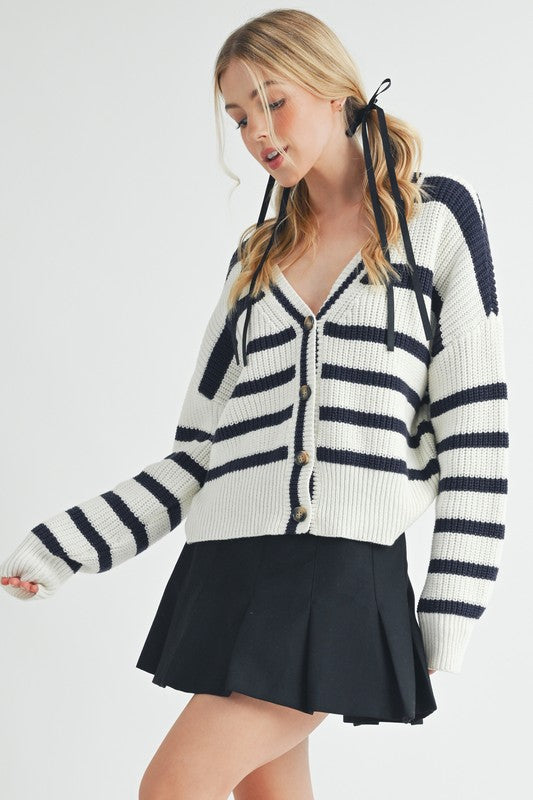 Aemi + Co Striped V-Neck Button Down Cardigan - The Goddess Galleries