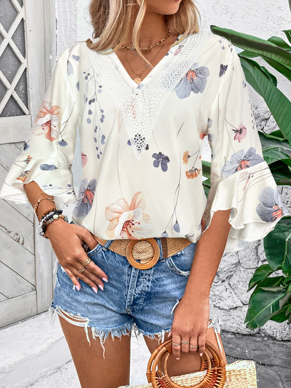 Honey Ruffled Printed V-Neck Half Sleeve Blouse - The Goddess Galleries