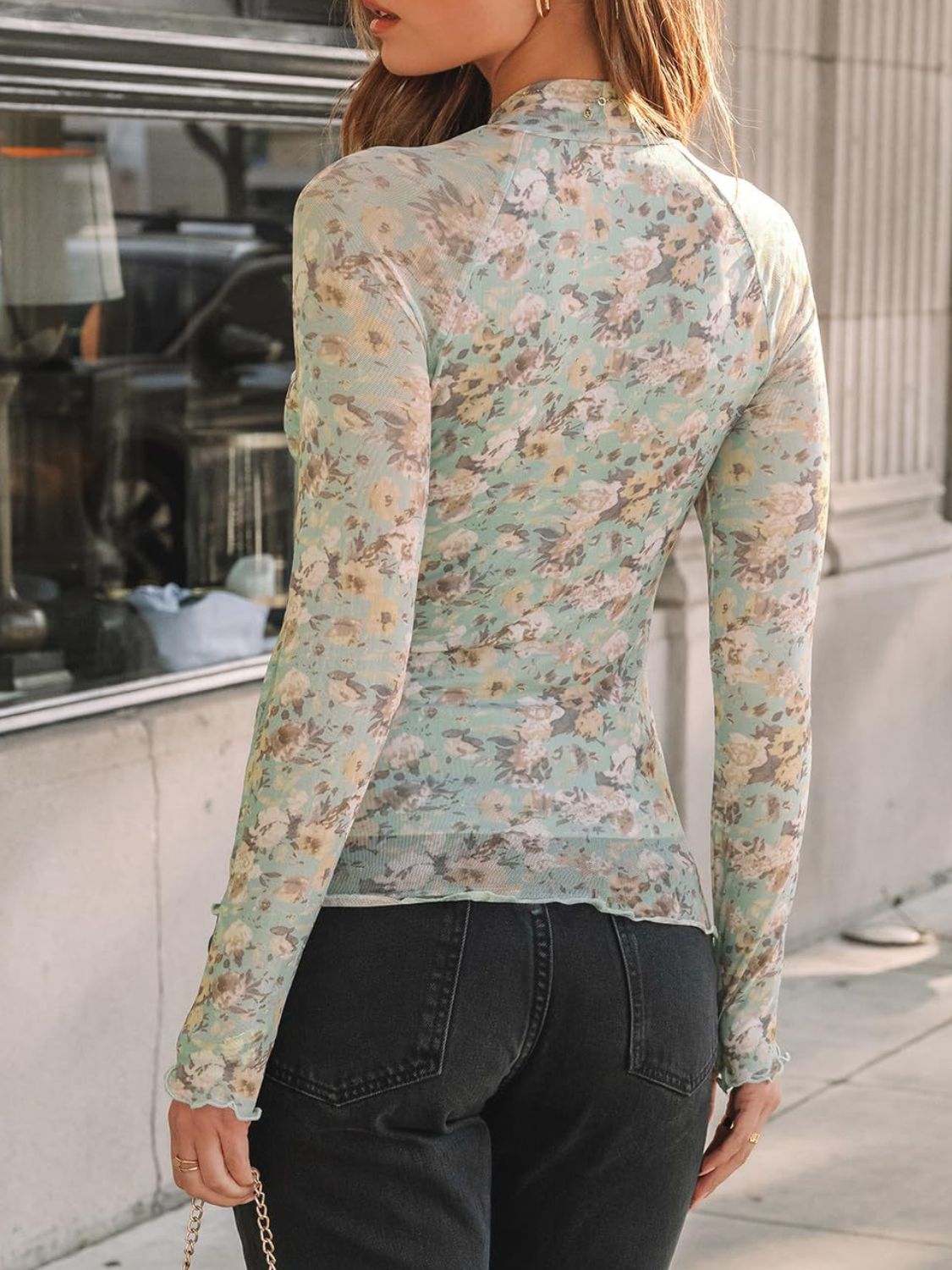 Floral Mock Neck Long Sleeve T-Shirt - The Goddess Galleries