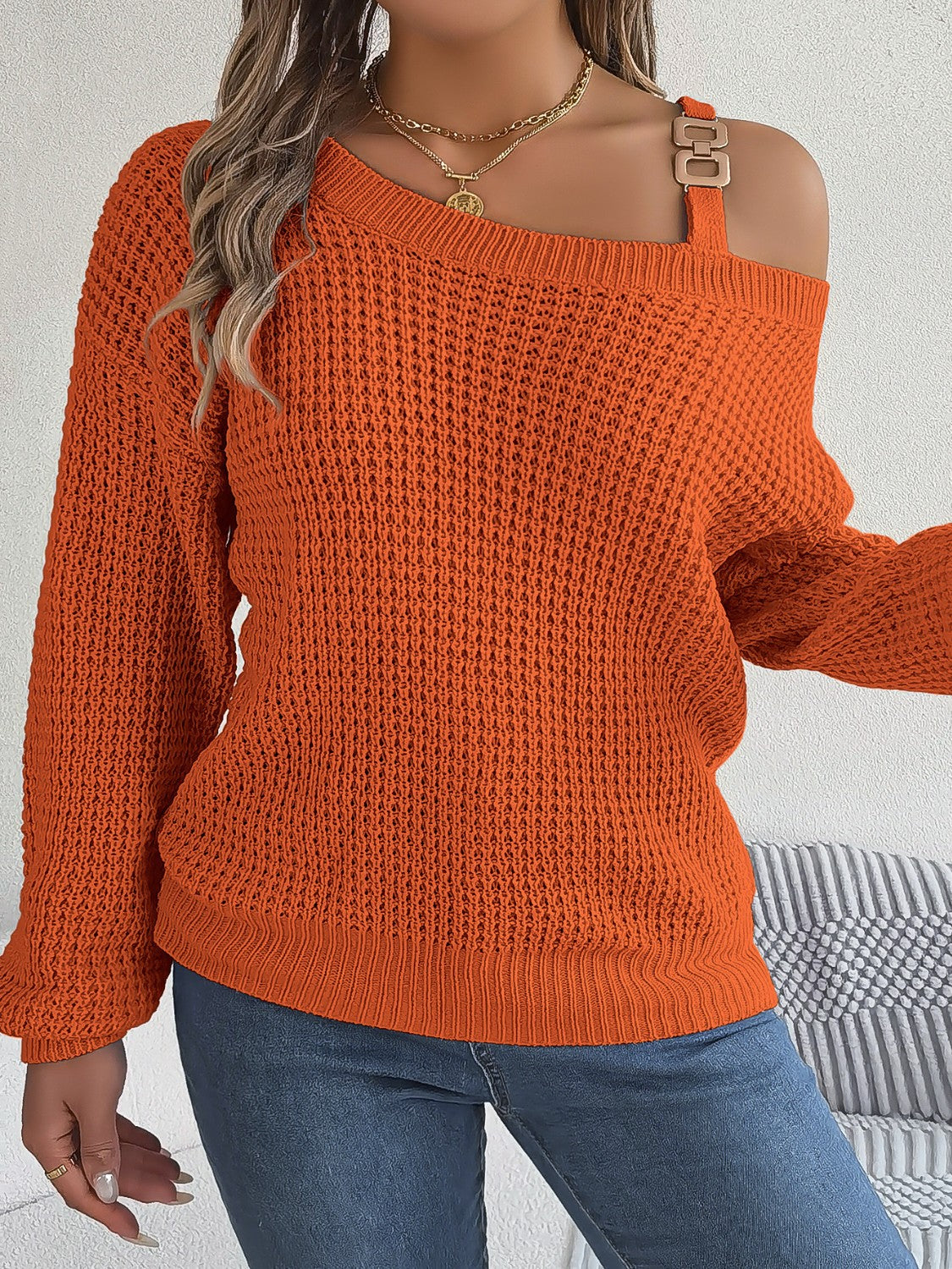 Asymmetrical Neck Long Sleeve Sweater - The Goddess Galleries