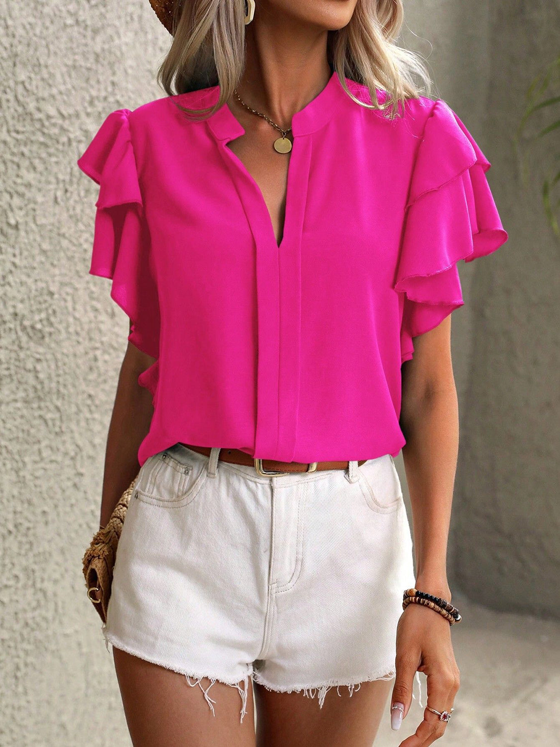 Ruffled Notched Short Sleeve Blouse - The Goddess Galleries