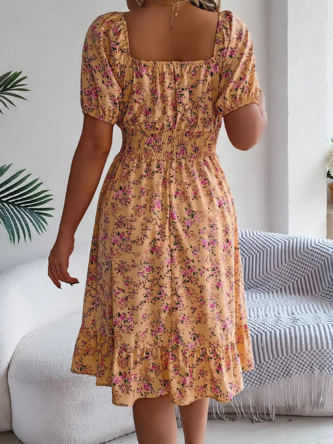 Ruffled Hem Floral Puff Sleeve Dress - The Goddess Galleries