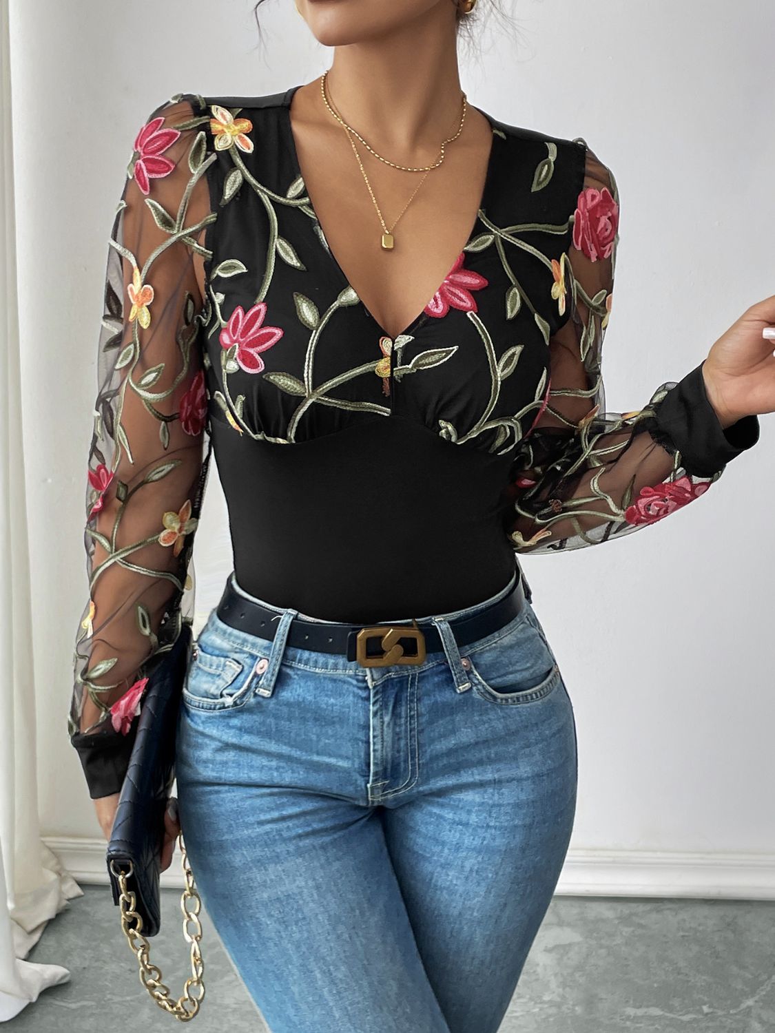 Perfee Embroidered V-Neck Long Sleeve Bodysuit - The Goddess Galleries