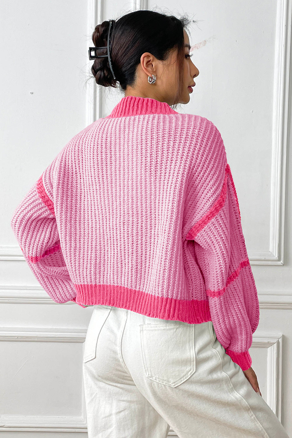 Contrast Open Front Long Sleeve Cardigan - The Goddess Galleries