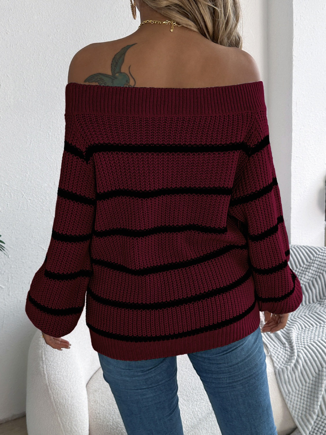 Striped Off-Shoulder Long Sleeve Sweater - The Goddess Galleries
