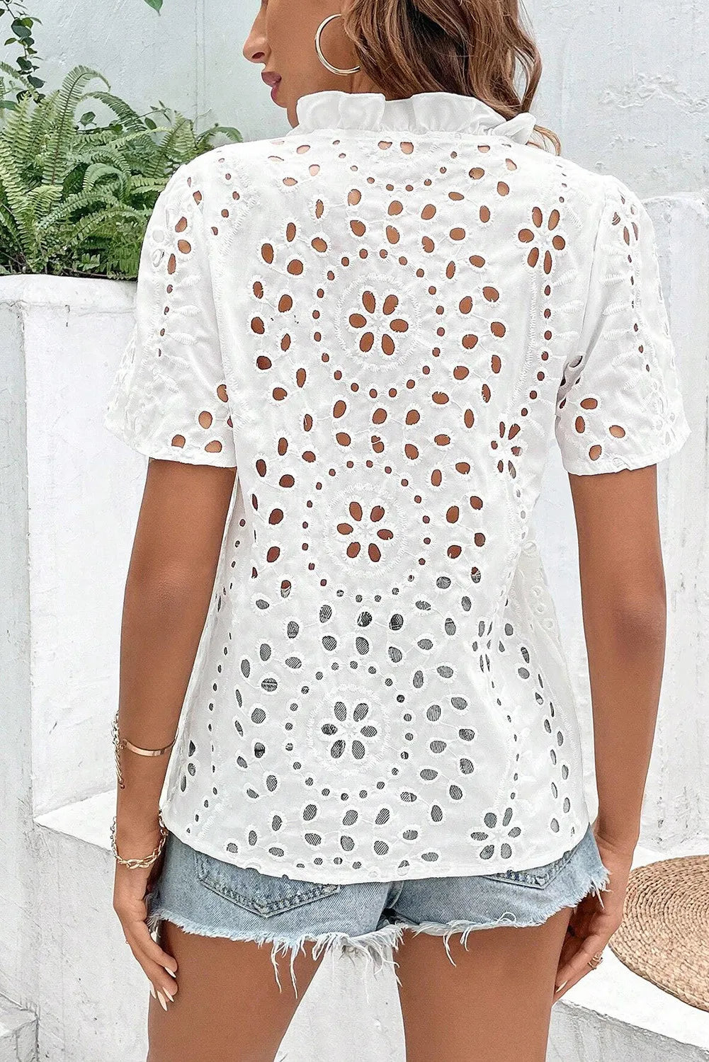 Eyelet Frill Short Sleeve Blouse - The Goddess Galleries