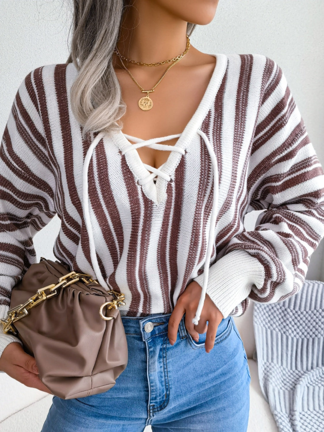 Striped Lace-Up Long Sleeve Sweater - The Goddess Galleries