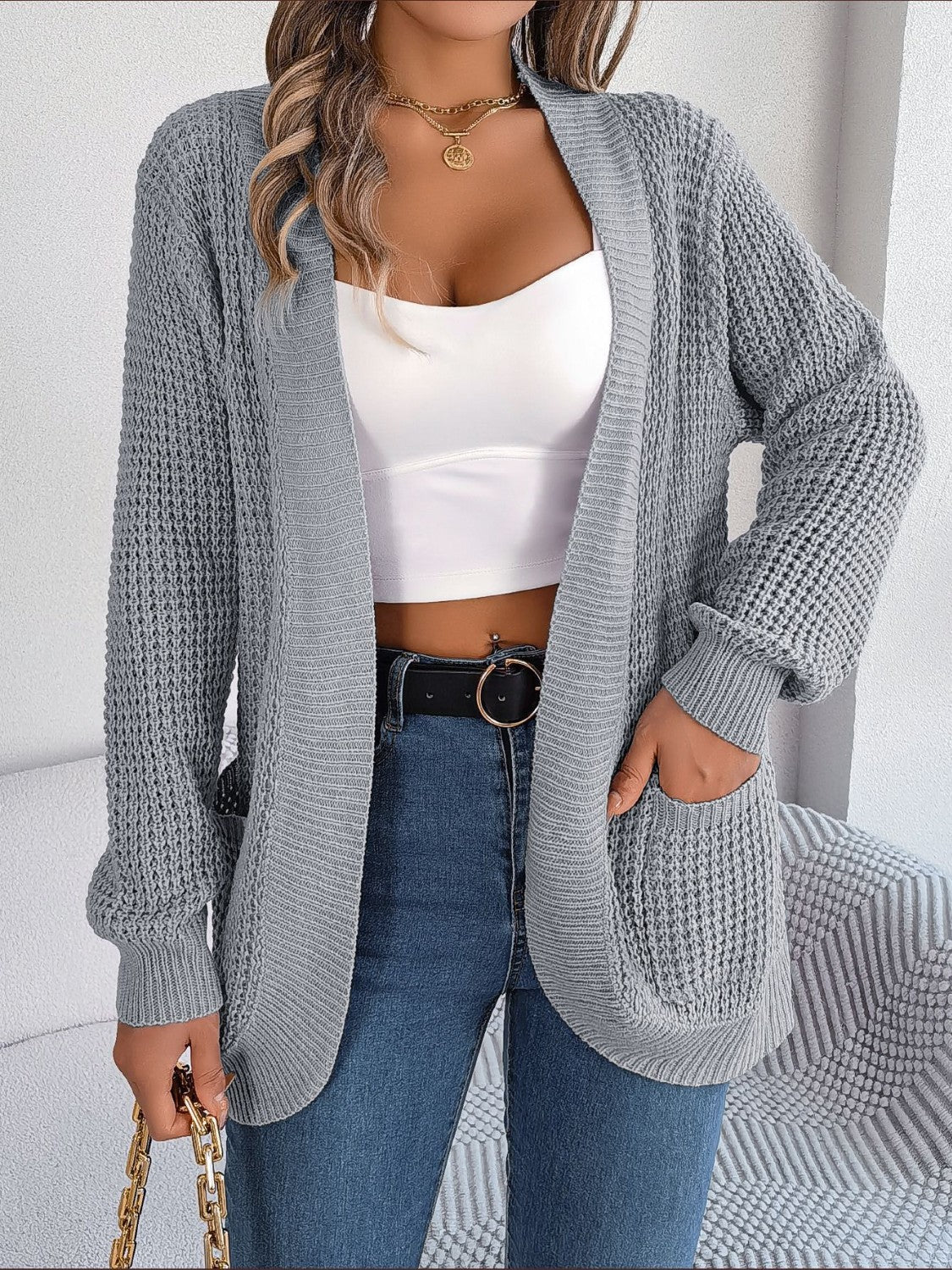 Open Front Long Sleeve Cardigan with Pockets - The Goddess Galleries