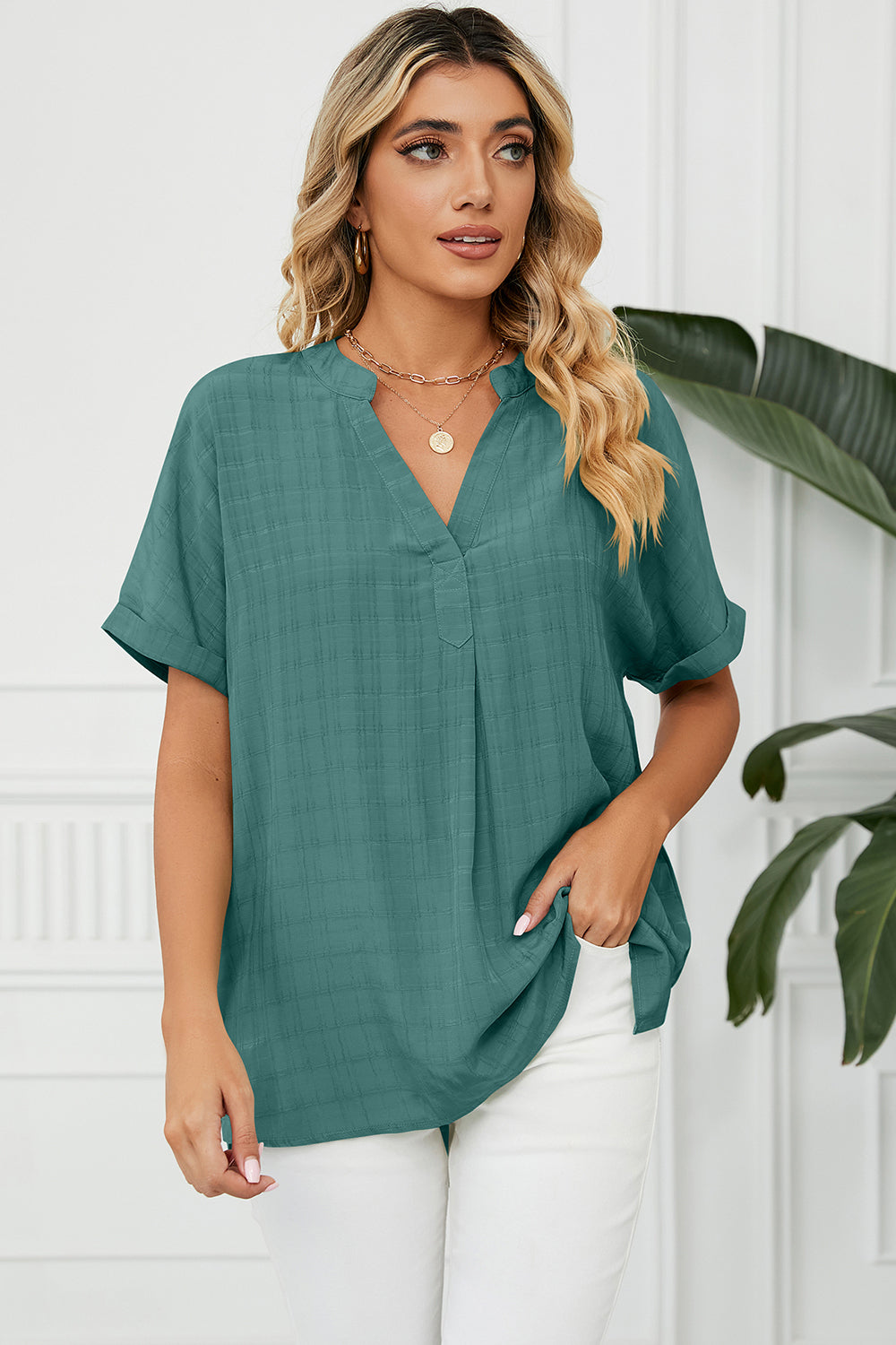 Ruched Notched Short Sleeve Blouse - The Goddess Galleries