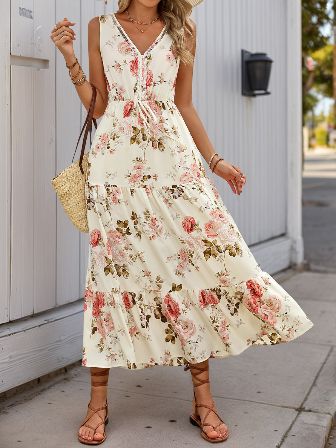 Printed Ruffled Hem V-Neck Sleeveless Dress - The Goddess Galleries