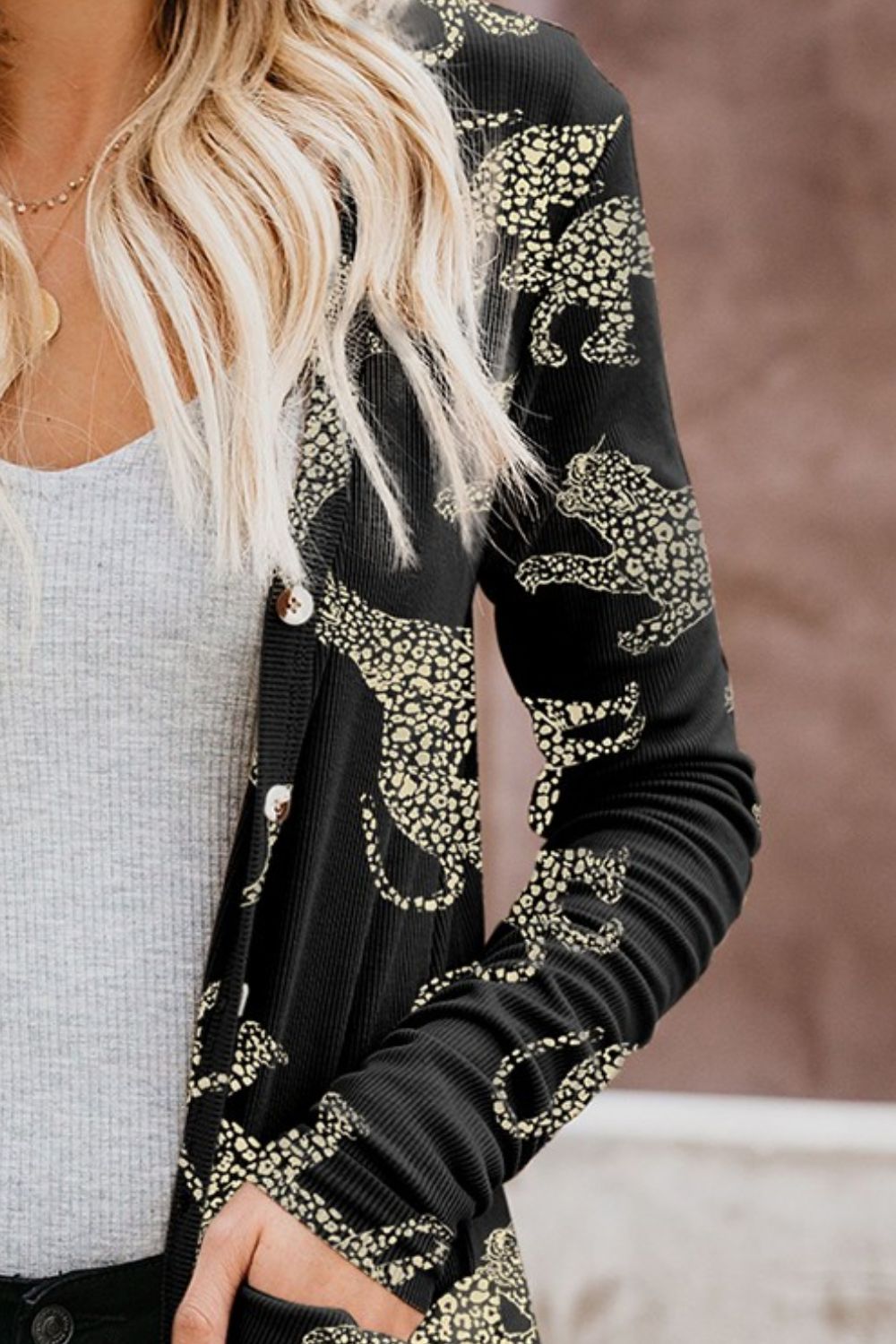 Animal Pattern Ribbed Button Up Long Sleeve Cardigan - The Goddess Galleries
