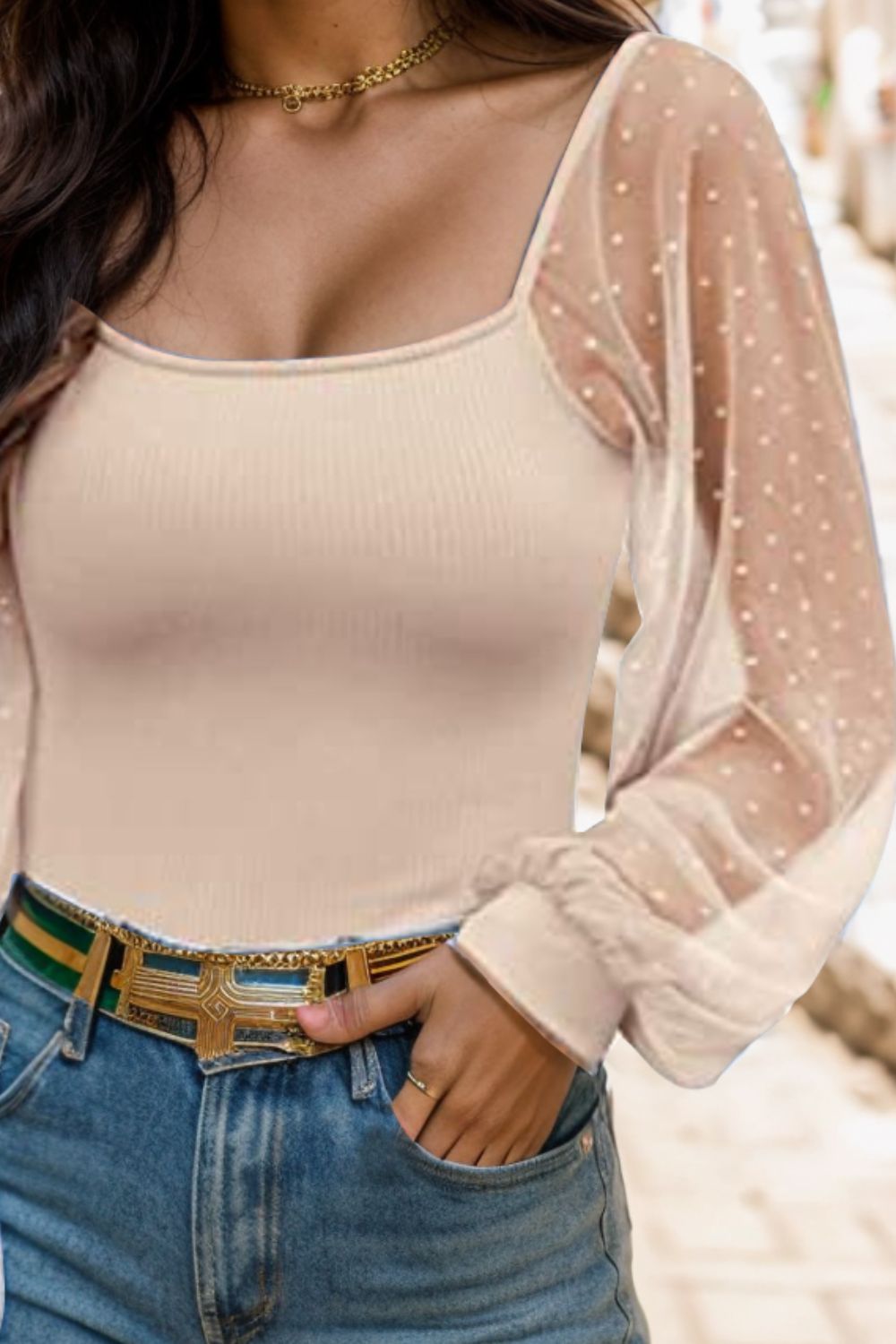 Polka Dot Square Neck Lantern Sleeve Blouse - The Goddess Galleries