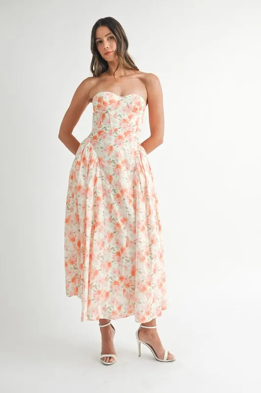 MABLE Sweetheart Neckline Floral Printed Midi Dress - The Goddess Galleries