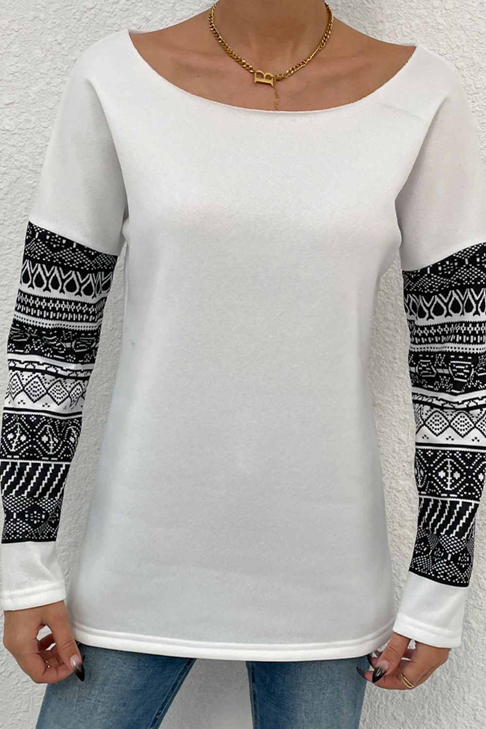 Shiny Boat Neck Long Printed Sleeve Blouse - The Goddess Galleries