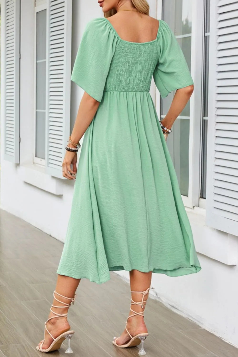 Smocked Tie Front Flutter Sleeve Midi Dress - The Goddess Galleries