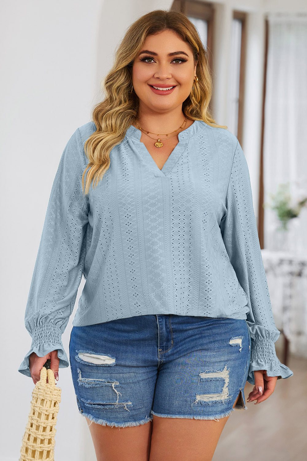 Plus Size Eyelet Notched Flounce Sleeve Blouse - The Goddess Galleries