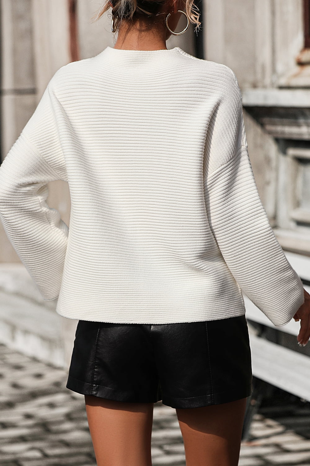 Mock Neck Dropped Shoulder Pullover Sweater - The Goddess Galleries