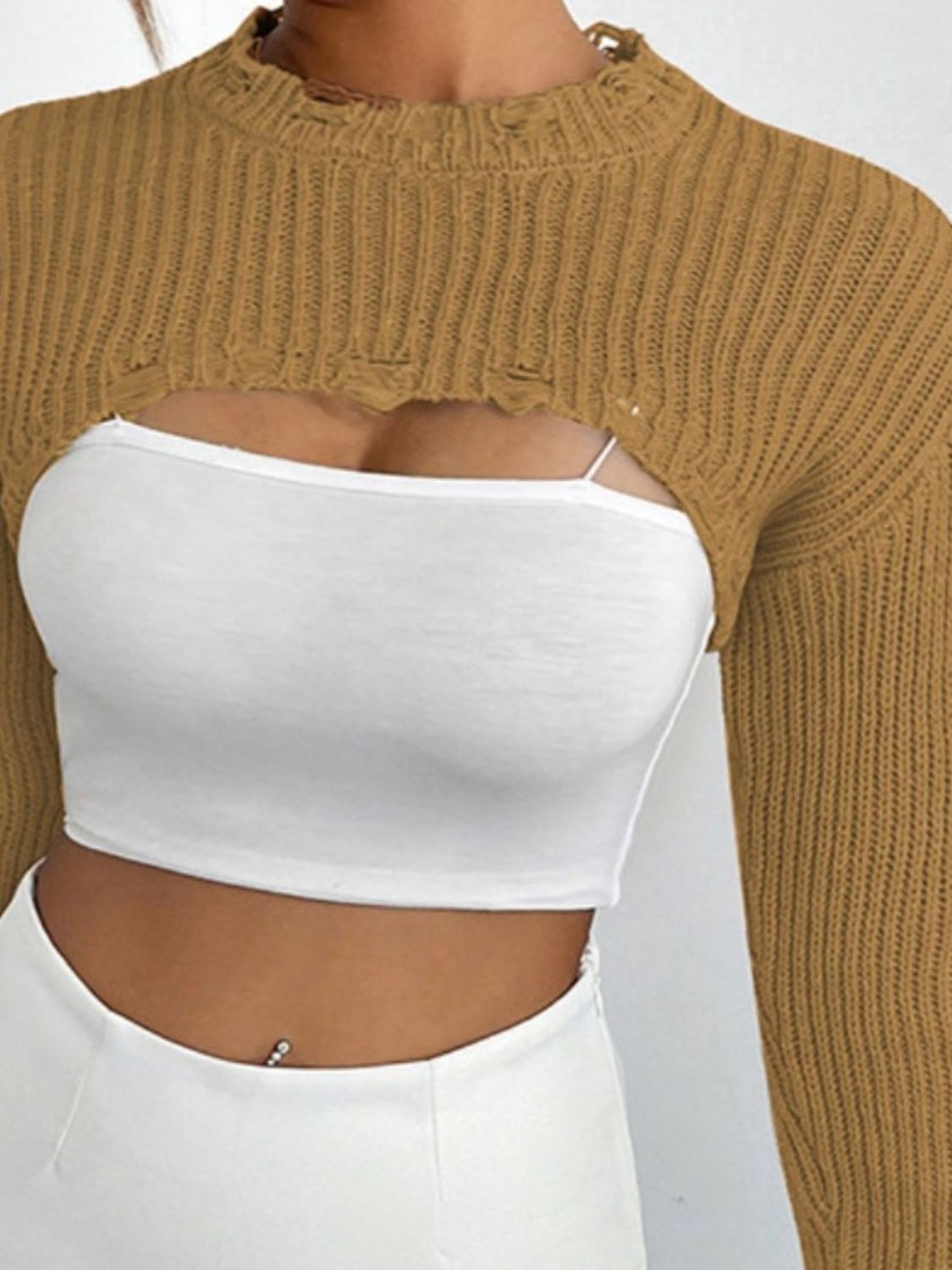 Distressed Long Sleeve Cropped Sweater - The Goddess Galleries