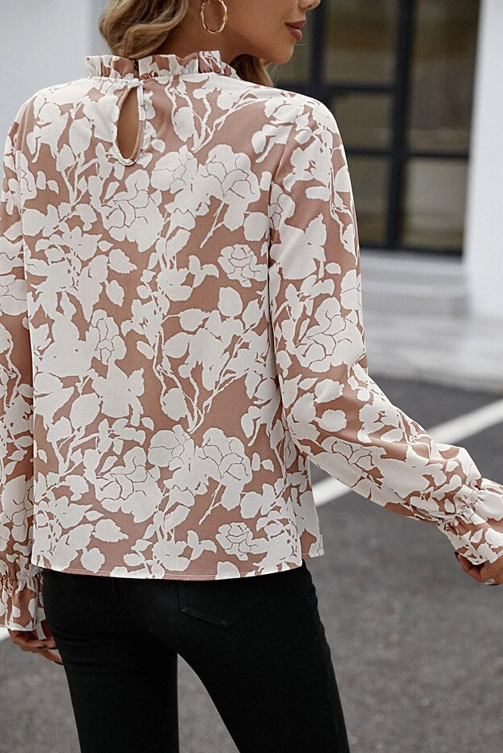 Floral Print Mock Neck Flounce Sleeve Blouse - The Goddess Galleries