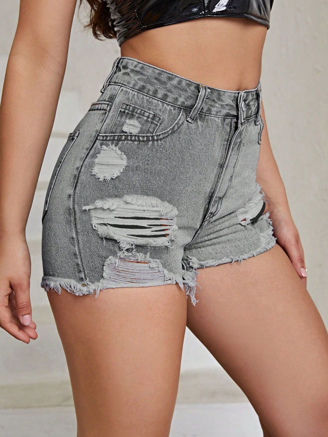 Distressed Raw Hem High Rise Denim Shorts - The Goddess Galleries