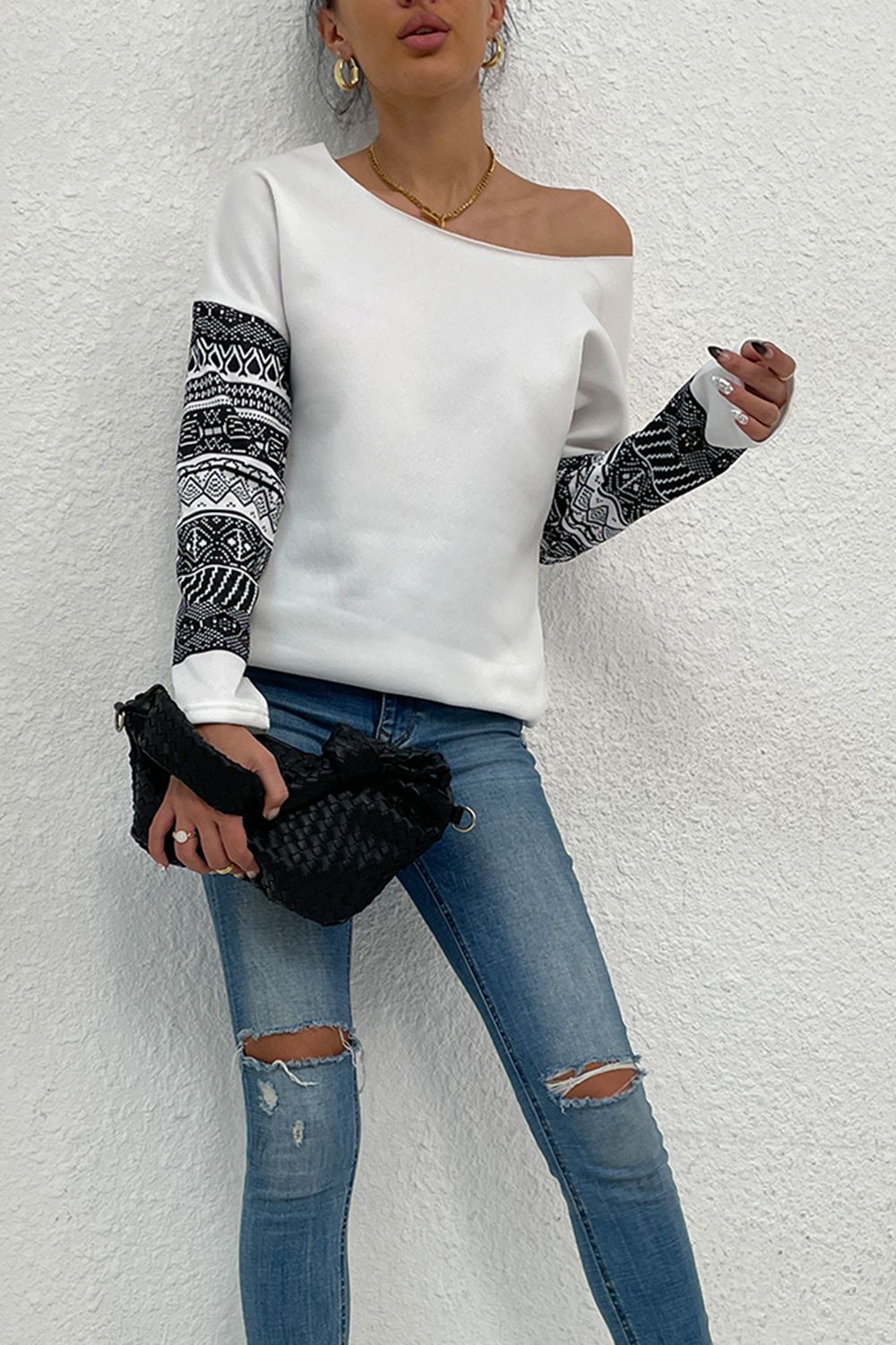Shiny Boat Neck Long Printed Sleeve Blouse - The Goddess Galleries