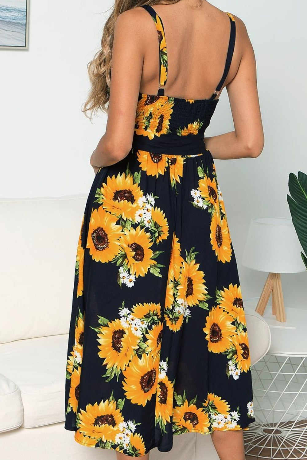 Smocked Sunflower Printed Sleeveless Cami Dress - The Goddess Galleries