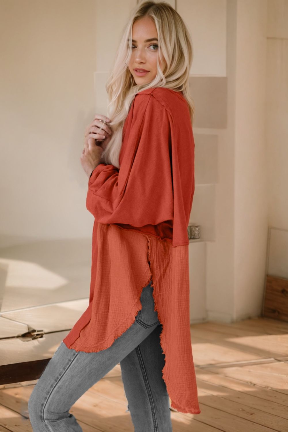 Contrast Texture Round Neck Long Sleeve Blouse - The Goddess Galleries