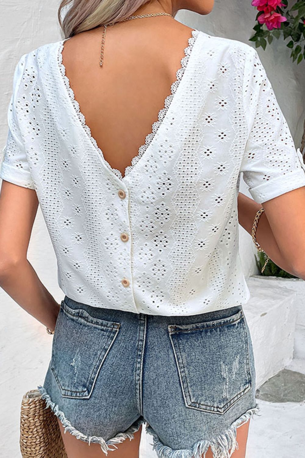 Perfee Eyelet Short Sleeve Double-Sided Shirt - The Goddess Galleries