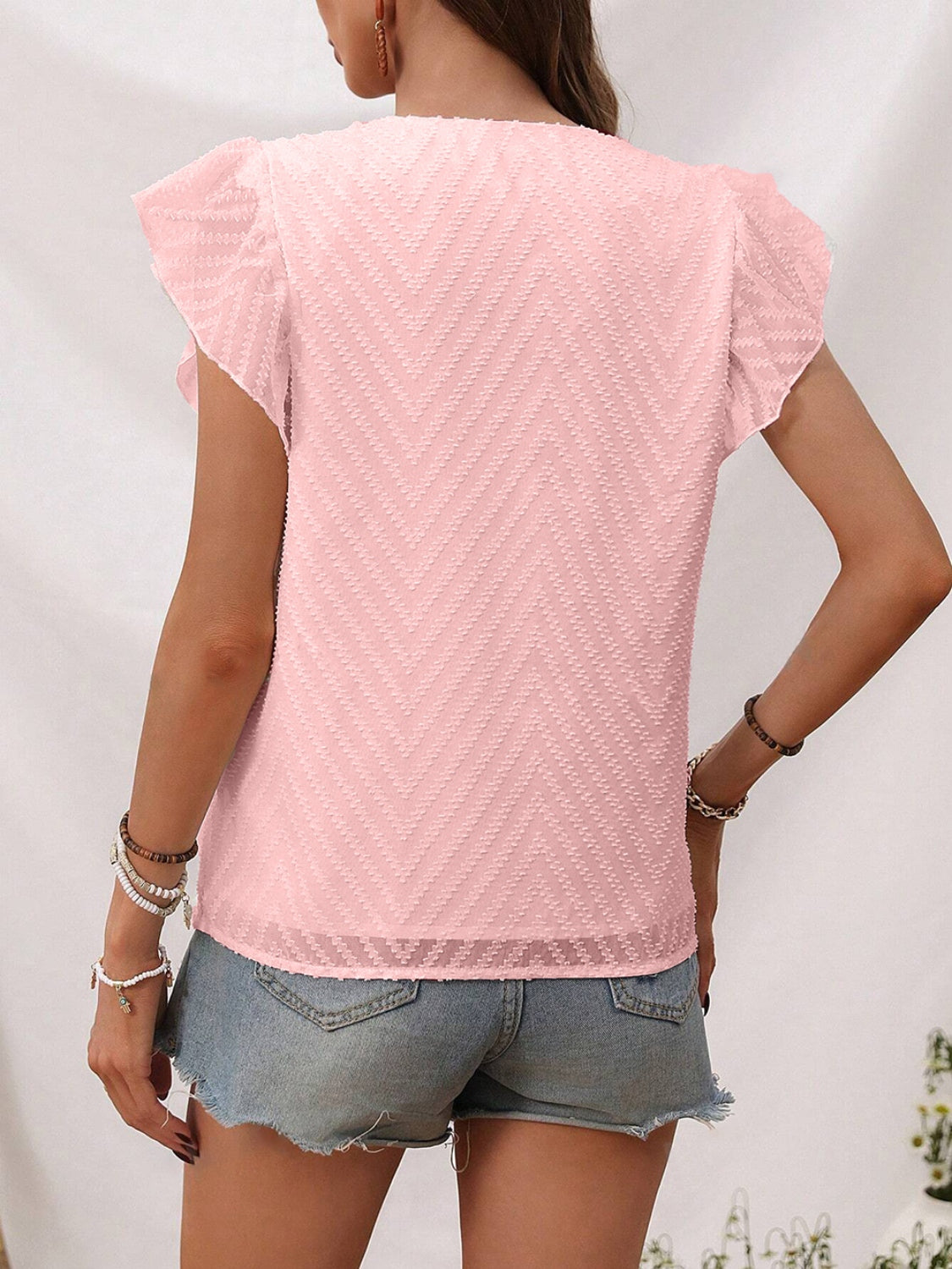 Textured V-Neck Cap Sleeve Blouse - The Goddess Galleries