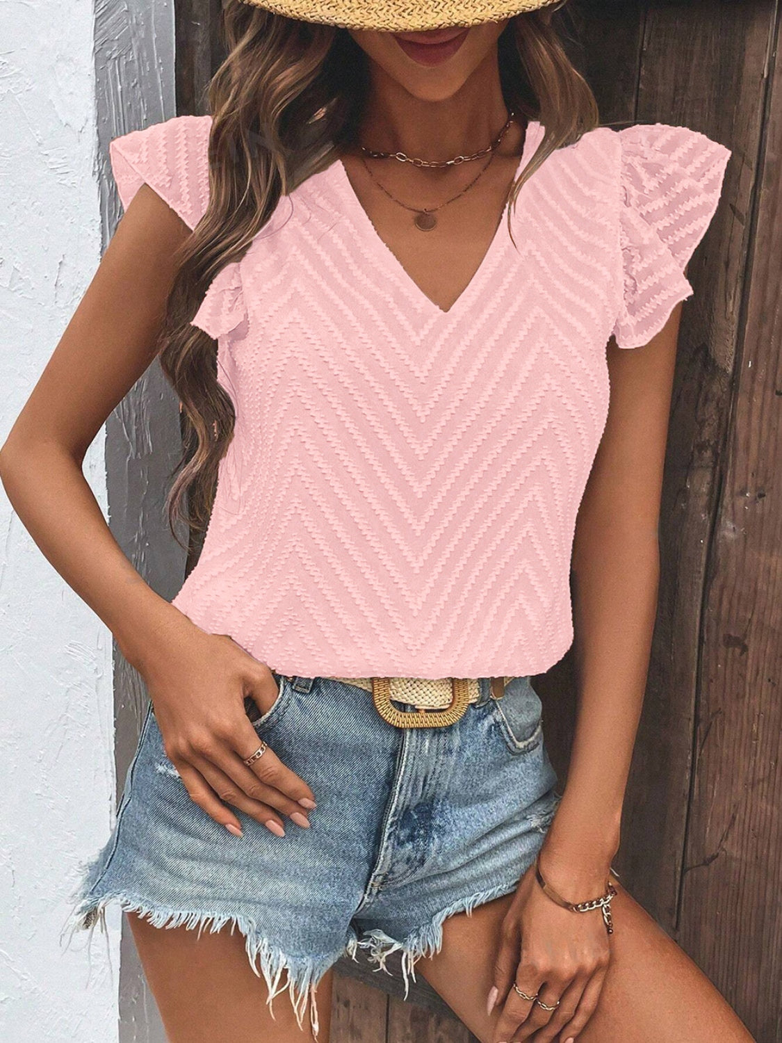 Textured V-Neck Cap Sleeve Blouse - The Goddess Galleries