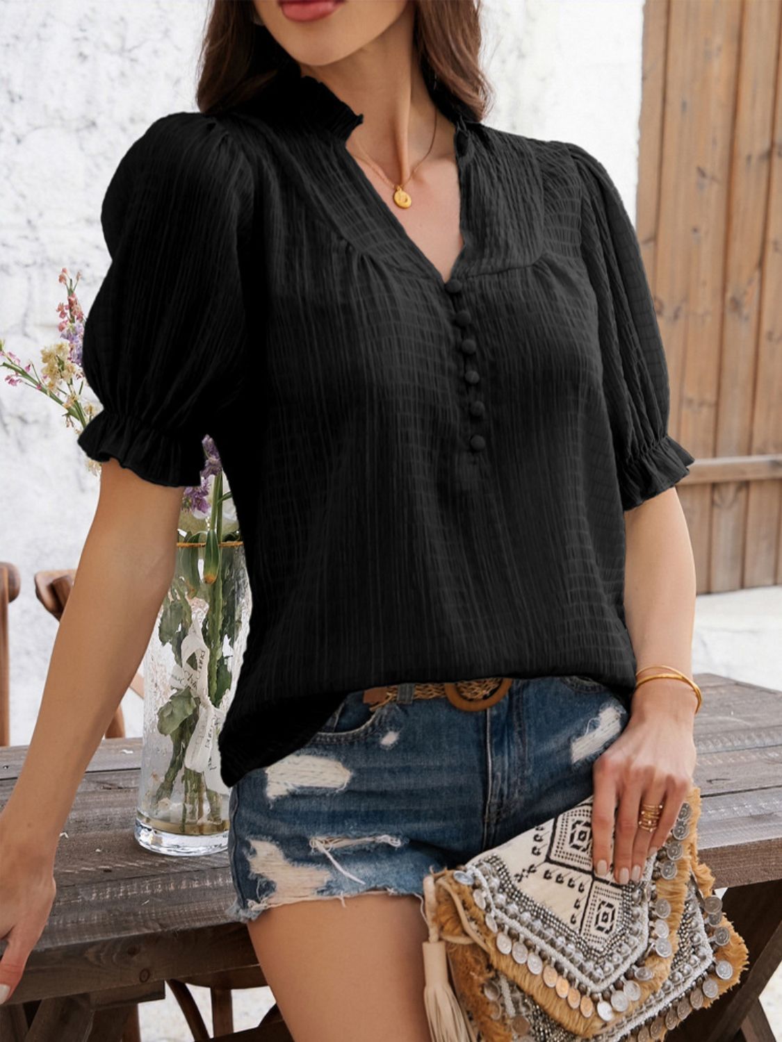 Devine Frill Notched Short Sleeve Blouse - The Goddess Galleries