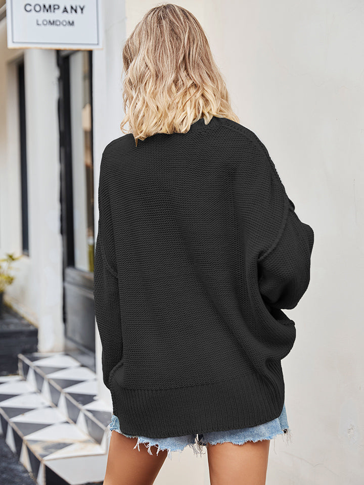 V-Neck Ribbed Dropped Shoulder Knit Top - The Goddess Galleries