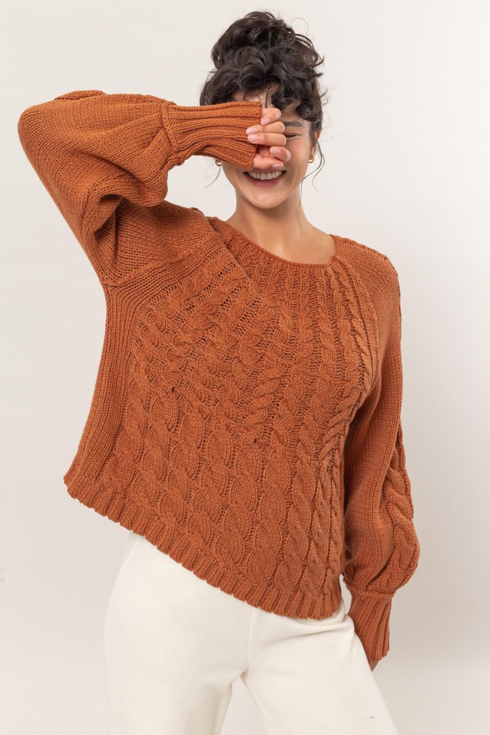 HYFVE Cable-Knit Round Neck Raglan Sleeve Sweater - The Goddess Galleries