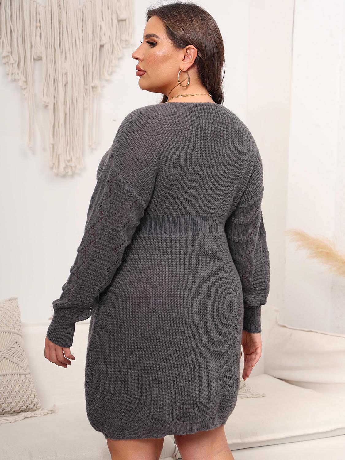 Plus Size Dropped Shoulder Long Sleeve Knit Mini Dress - The Goddess Galleries