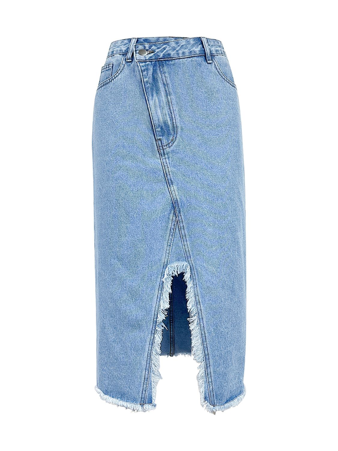 Raw Hem Slit Midi Denim Skirt - The Goddess Galleries