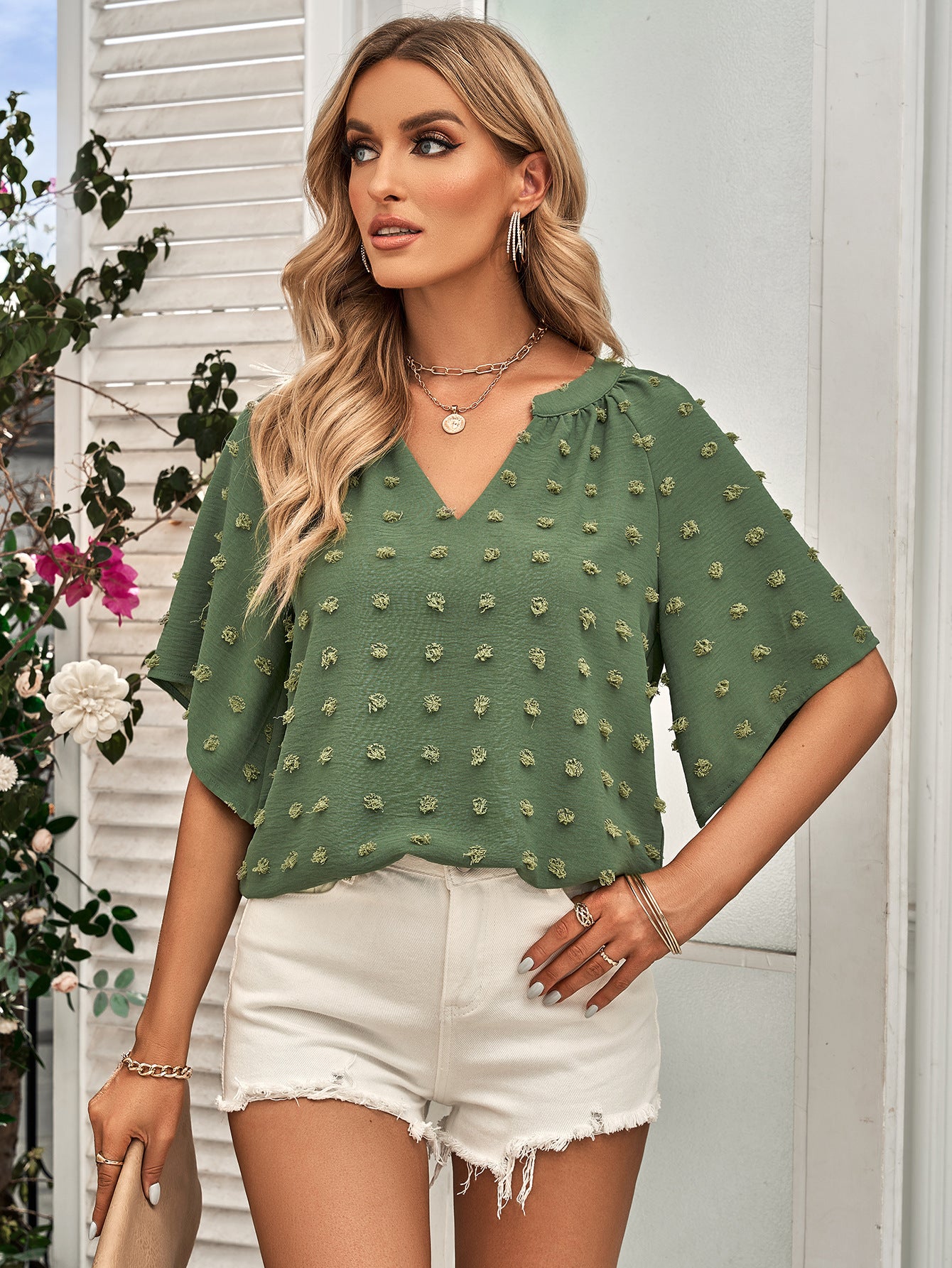 Swiss Dot Notched Neck Flare Sleeve Blouse - The Goddess Galleries